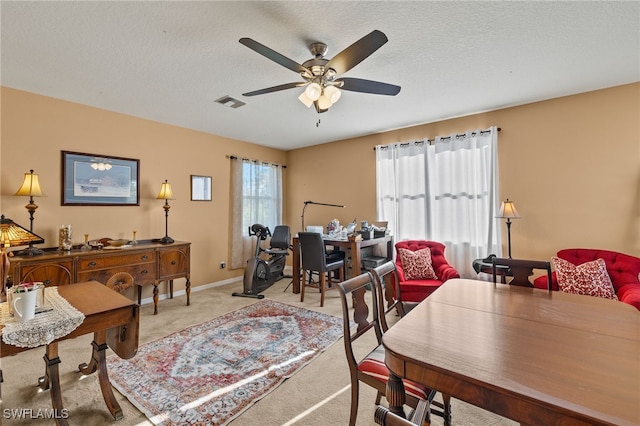 office area featuring carpet, ceiling fan, and a textured ceiling