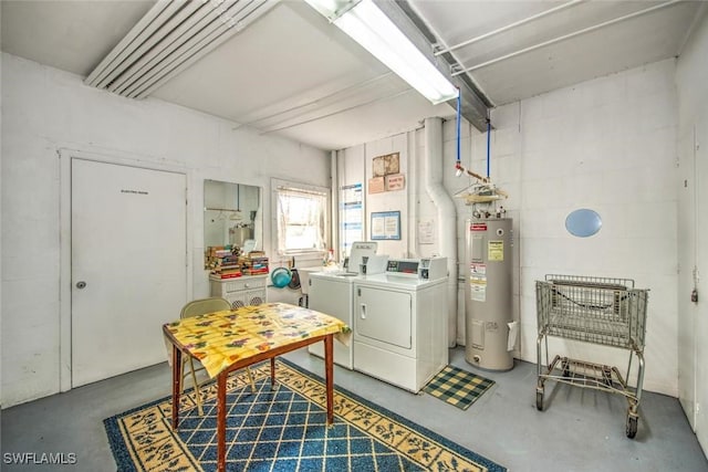 interior space with electric water heater and washer and clothes dryer