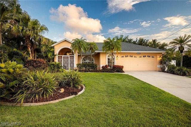 view of front of house featuring a front yard and a garage