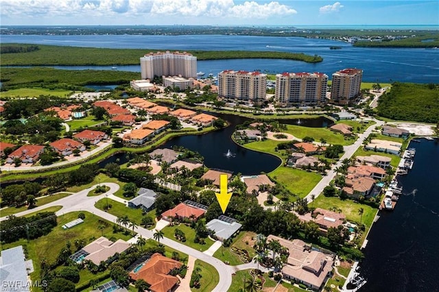 drone / aerial view featuring a water view