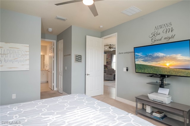 bedroom with connected bathroom and ceiling fan