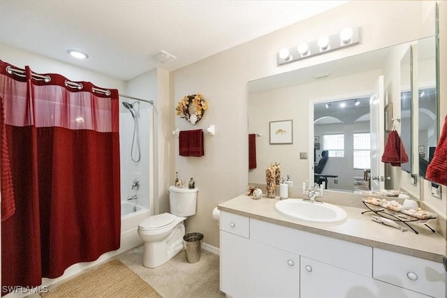 full bathroom with toilet, vanity, shower / tub combo with curtain, and tile patterned flooring