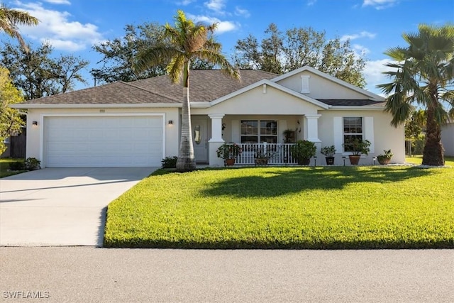 ranch-style house featuring a garage, covered porch, and a front lawn