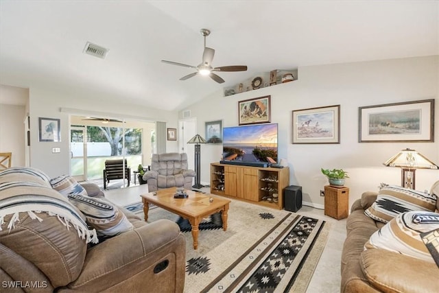 living room with ceiling fan and lofted ceiling