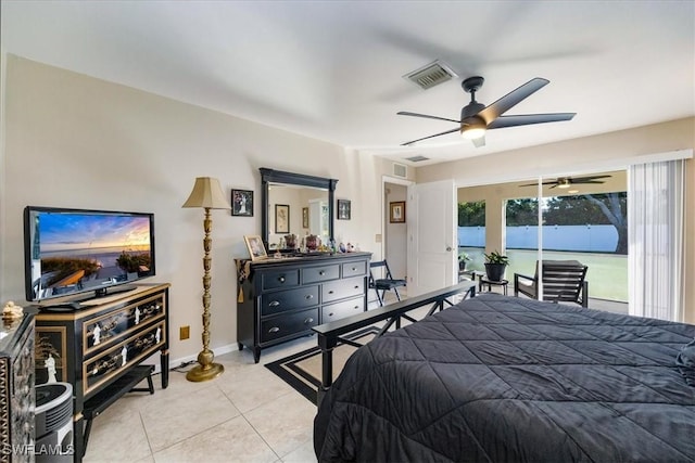 bedroom featuring ceiling fan, light tile patterned floors, and access to outside