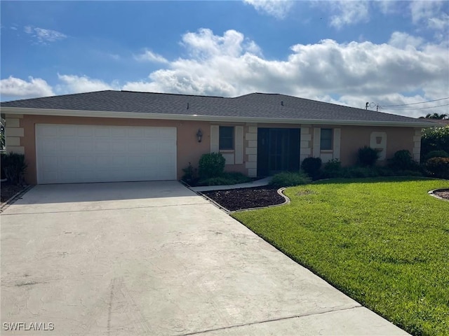 single story home with a garage and a front yard