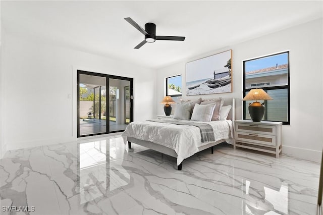 bedroom featuring access to exterior and ceiling fan