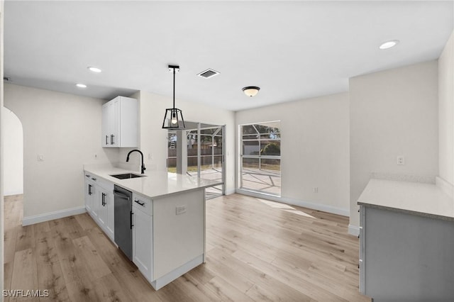 kitchen featuring sink, white cabinets, stainless steel dishwasher, and decorative light fixtures