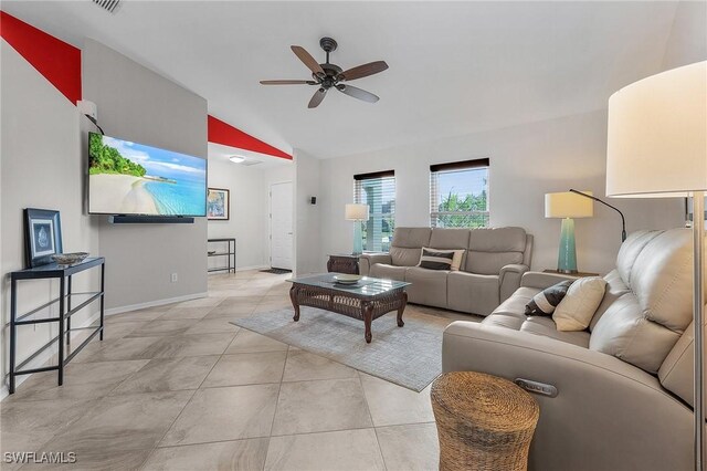 living room featuring lofted ceiling and ceiling fan