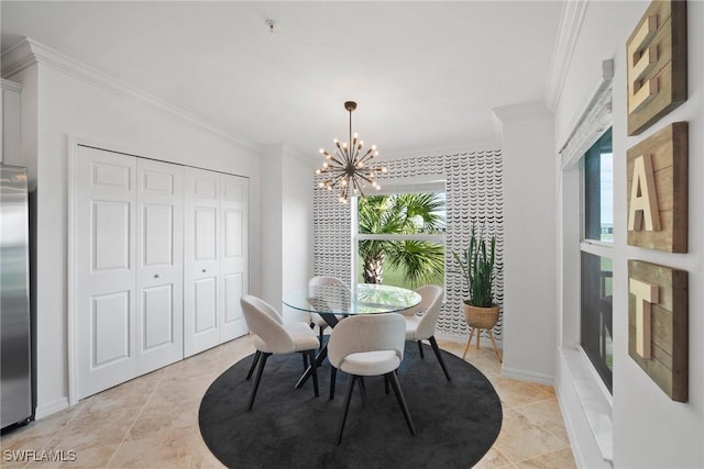 dining space with a chandelier, a wealth of natural light, and crown molding