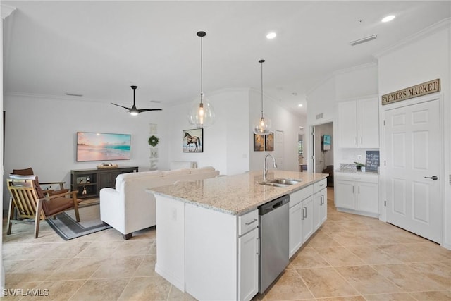 kitchen with a center island with sink, white cabinets, stainless steel dishwasher, and sink