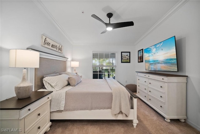 bedroom with carpet floors, access to outside, ceiling fan, and ornamental molding