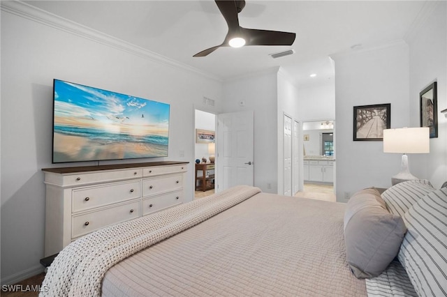 bedroom with connected bathroom, ceiling fan, and ornamental molding