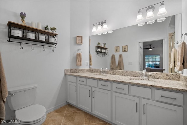 bathroom featuring tile patterned floors, ceiling fan, vanity, and toilet