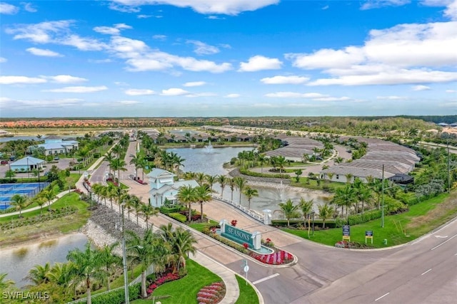 birds eye view of property featuring a water view