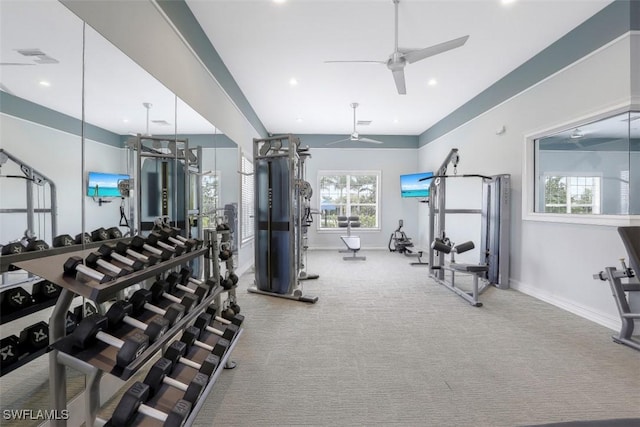 16522 Crescent Beach Way, Bonita Springs, FL 34135 - workout area with baseboards, ceiling fan, carpet, and recessed lighting