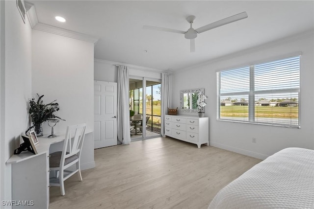 bedroom featuring access to exterior, ceiling fan, crown molding, and light wood-type flooring