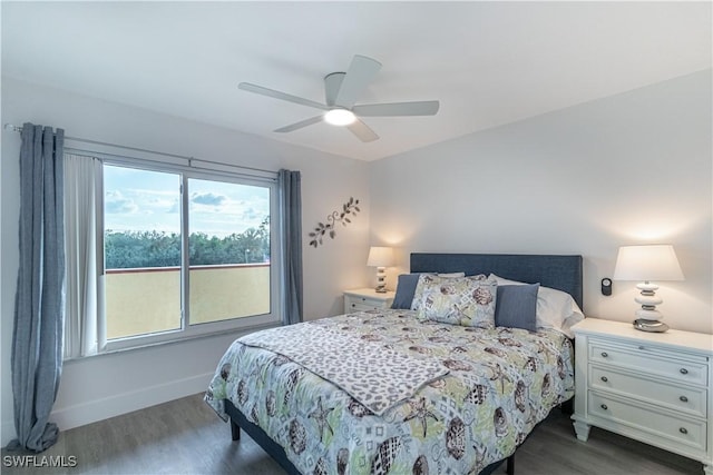 bedroom featuring ceiling fan and dark hardwood / wood-style flooring