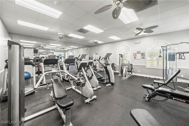 workout area with a paneled ceiling and ceiling fan