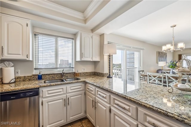 kitchen with stainless steel dishwasher, ornamental molding, sink, a notable chandelier, and white cabinets