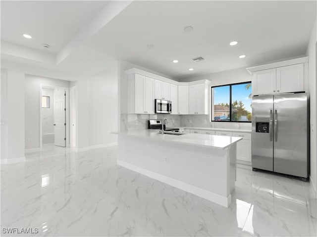 kitchen featuring white cabinets, sink, decorative backsplash, kitchen peninsula, and stainless steel appliances