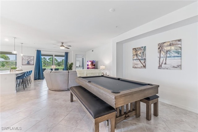 rec room featuring ceiling fan, light tile patterned floors, and billiards