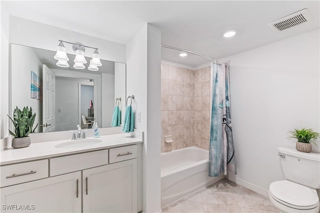 full bathroom featuring vanity, toilet, and shower / bathtub combination with curtain