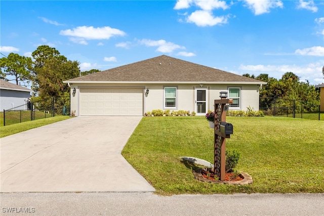 ranch-style house with a front lawn and a garage