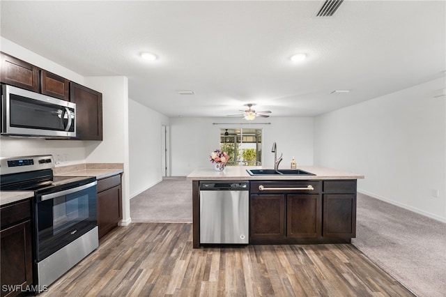 kitchen featuring sink, dark carpet, dark brown cabinetry, and stainless steel appliances