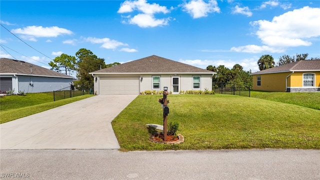 single story home featuring a garage and a front yard