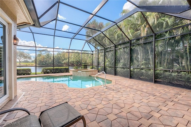 view of pool with glass enclosure, an in ground hot tub, and a patio area