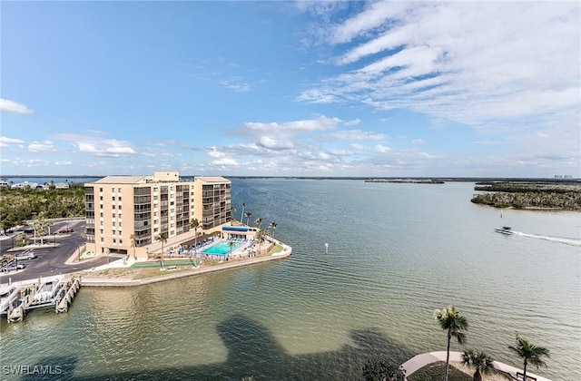 drone / aerial view with a water view