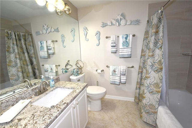 full bathroom featuring shower / bath combo with shower curtain, vanity, and toilet