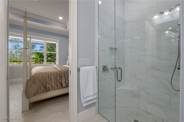 bathroom with a shower with door and crown molding