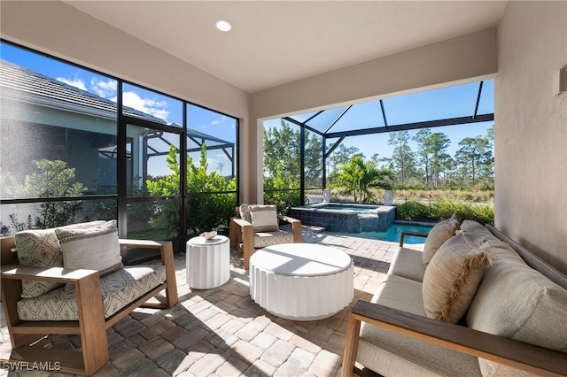 sunroom / solarium featuring a swimming pool