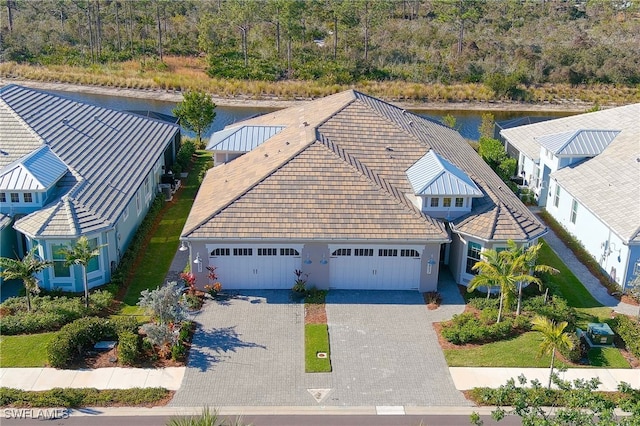 aerial view featuring a water view