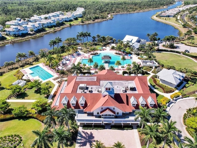 bird's eye view with a water view