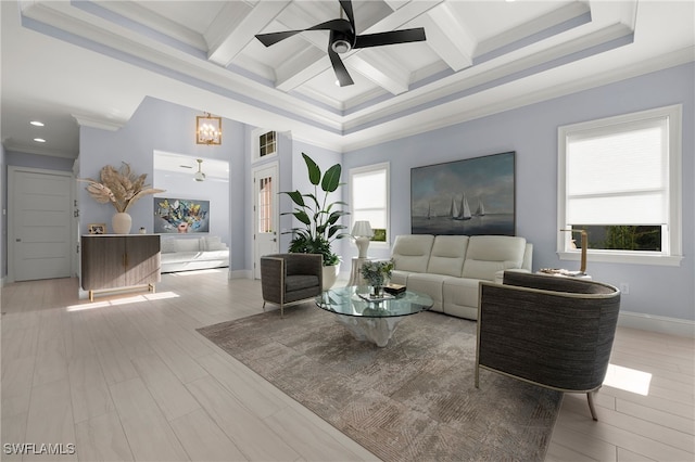 living area featuring ceiling fan, coffered ceiling, baseboards, ornamental molding, and beam ceiling