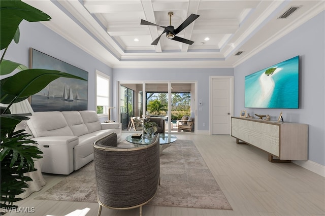 living room with beam ceiling, ceiling fan, coffered ceiling, light hardwood / wood-style floors, and ornamental molding