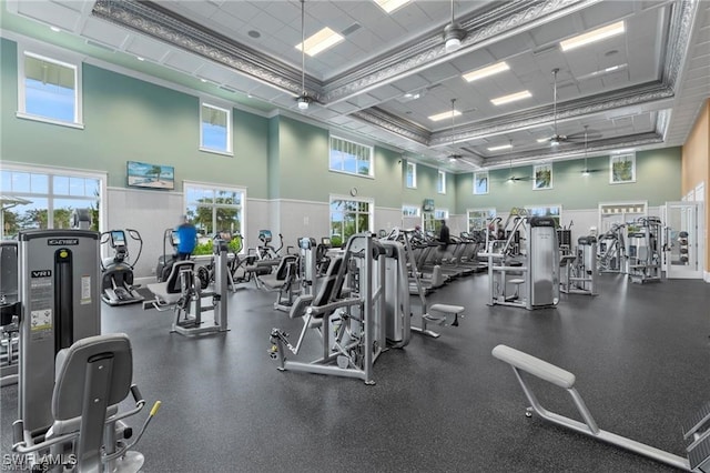 exercise room featuring a towering ceiling and crown molding