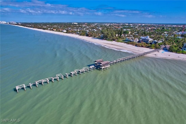 bird's eye view with a water view and a view of the beach