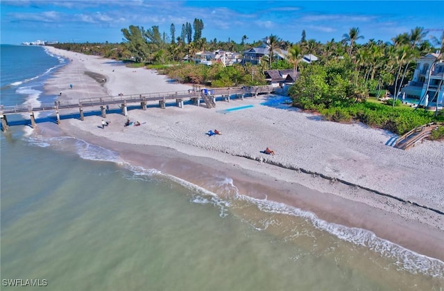 bird's eye view with a water view and a beach view