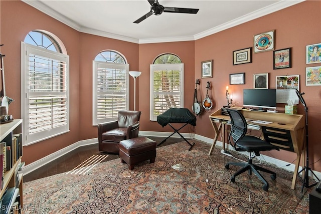 office featuring ceiling fan, dark hardwood / wood-style flooring, and ornamental molding