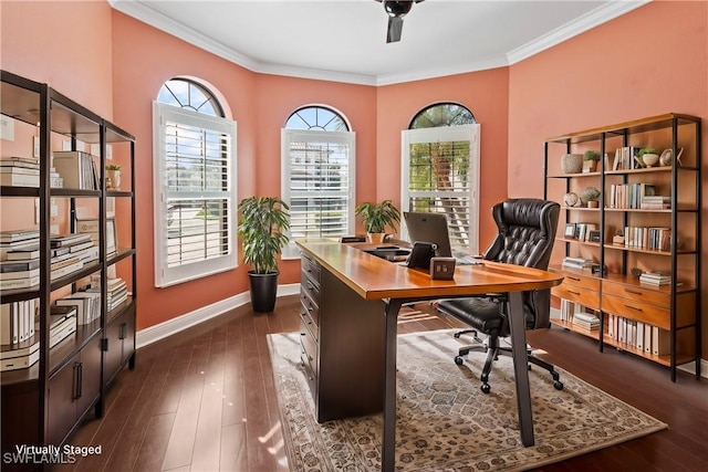 office area featuring dark hardwood / wood-style flooring and ornamental molding