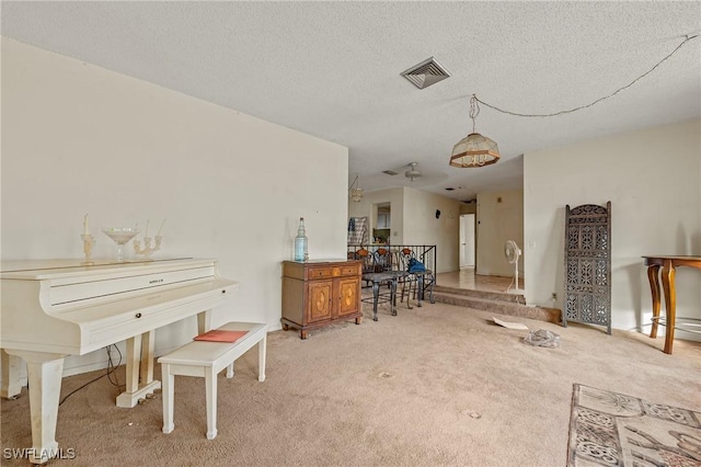 misc room with light carpet and a textured ceiling