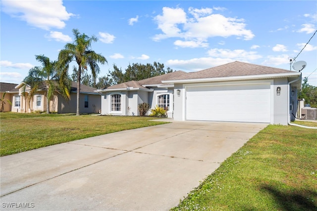 ranch-style house with a front yard, a garage, and cooling unit