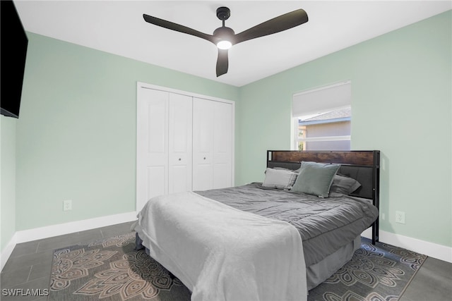 bedroom featuring ceiling fan and a closet