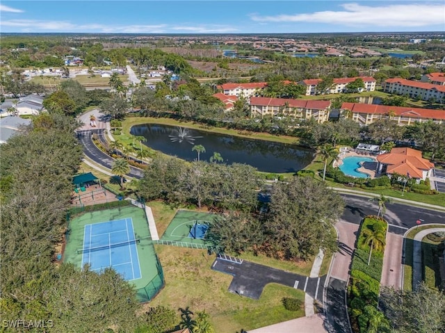 aerial view featuring a water view