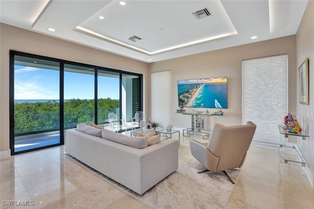 living room with a raised ceiling