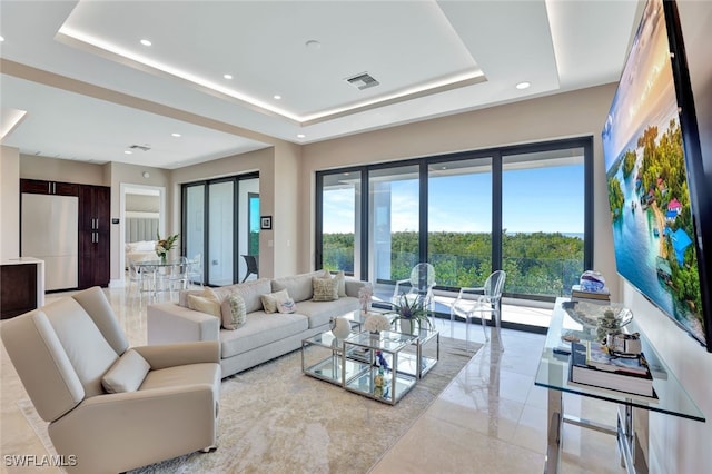 living room with a tray ceiling